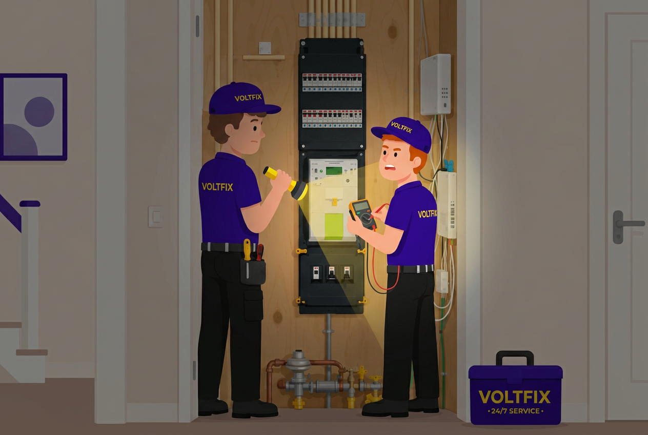 VoltFix electrician investigating a power outage in a fuse box in Amsterdam