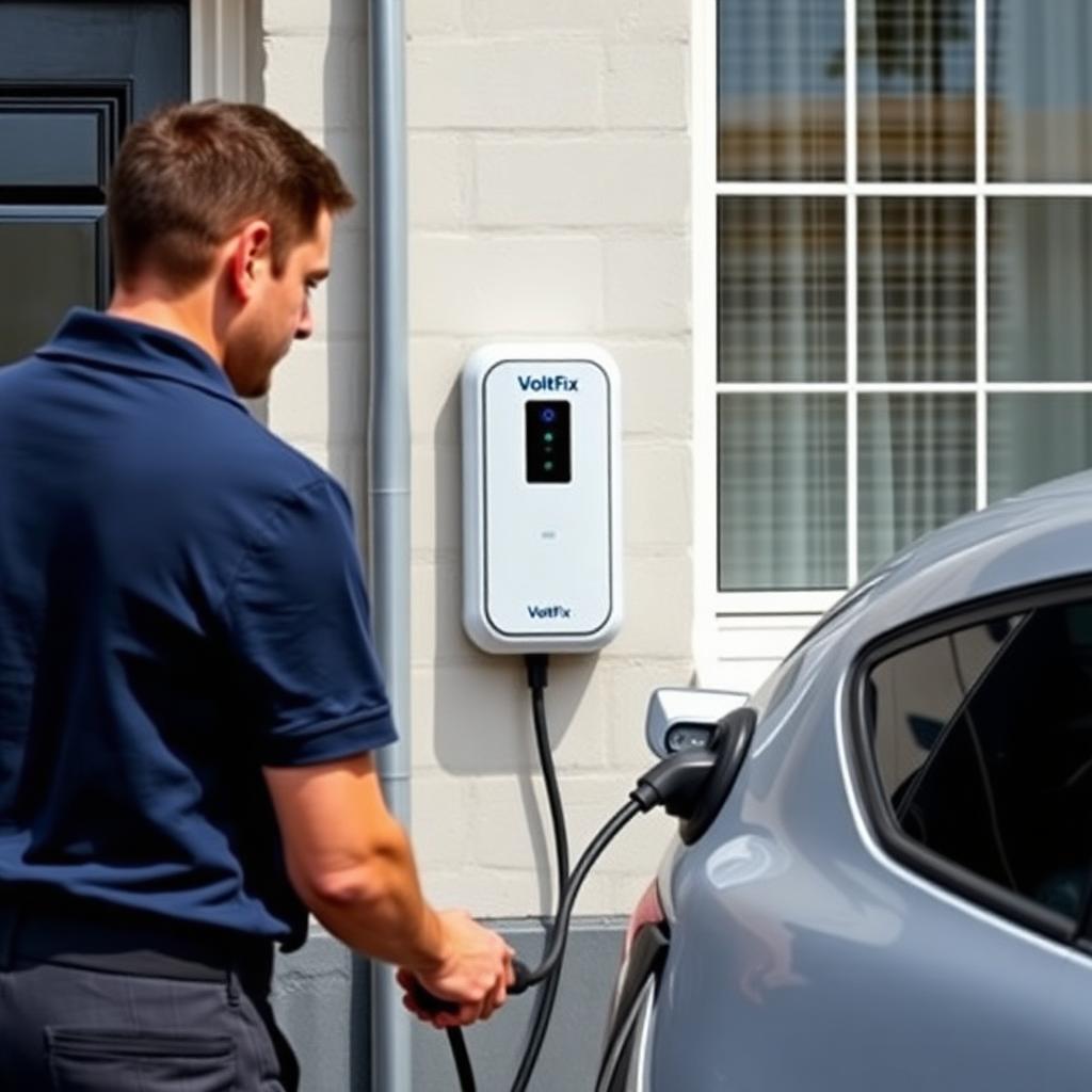 VoltFix monteur installeert een witte wallbox laadpaal aan de gevel van een Amsterdams grachtenpand naast een elektrische auto